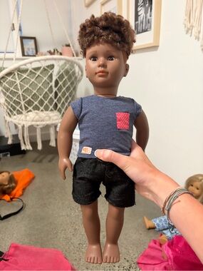 Children’s Play Doll with Blue Top and Black Shorts
